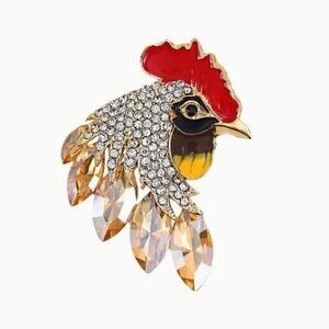 Rooster Crystal Rhinestone Brooch Pin With Red & Gold Tone Accents